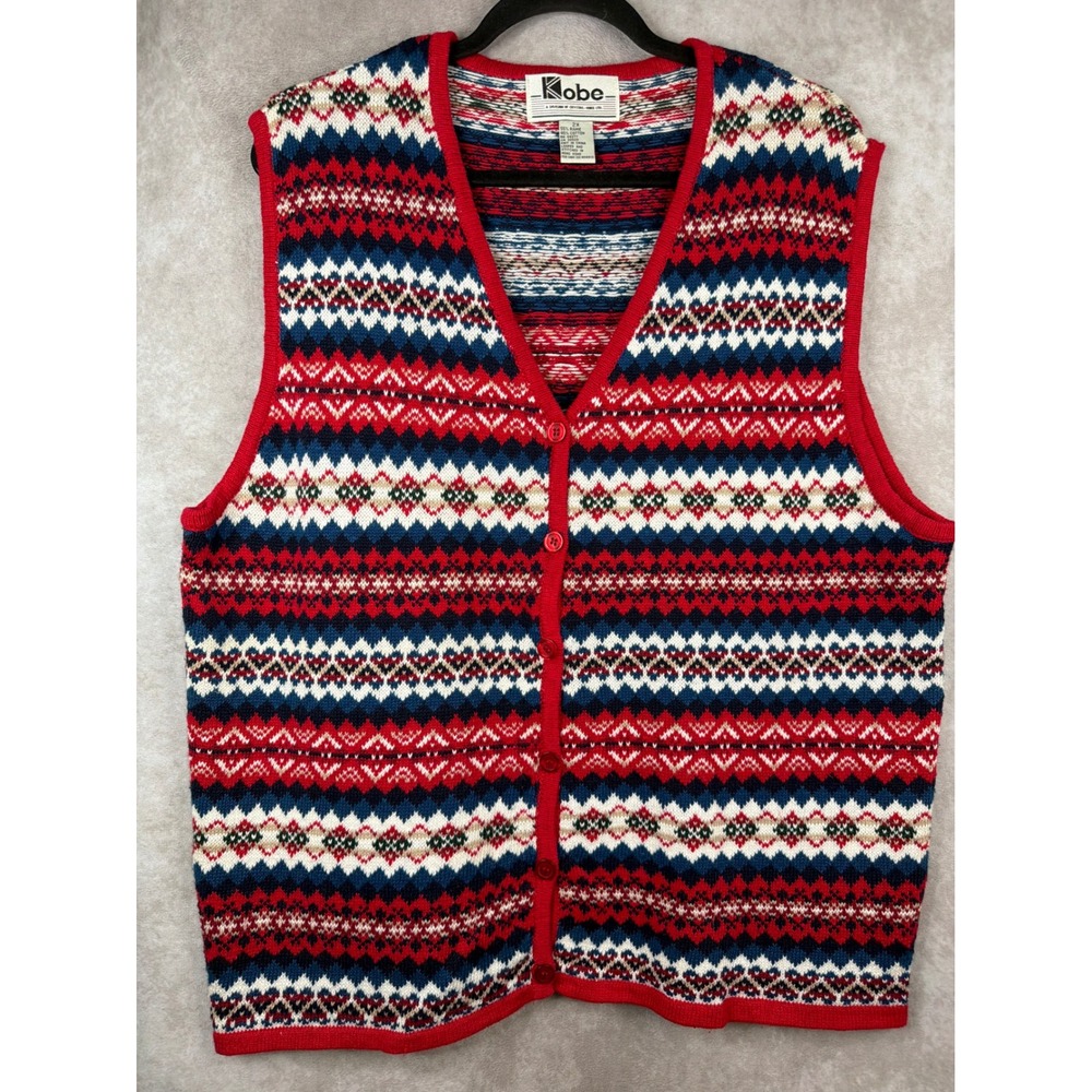 VTG Kobe Sweater Vest Women 2X Red White Blue Fair Isle Knit Button‎ Front VNeck